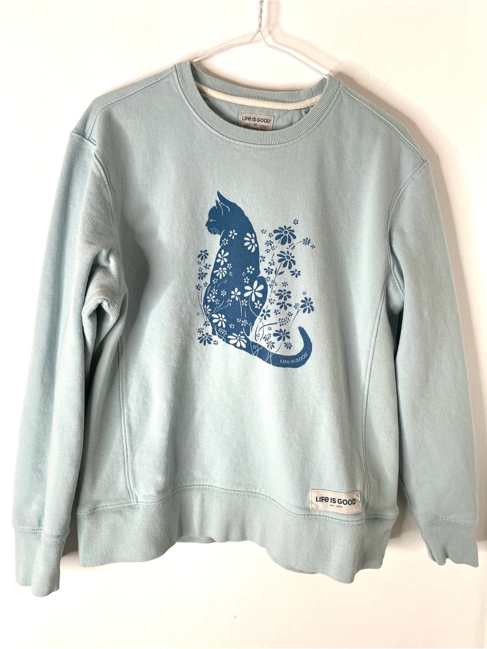 Life Is Good Pale Blue Cat Floral Graphic Crew Neck Sweatshirt Cotton Pullover